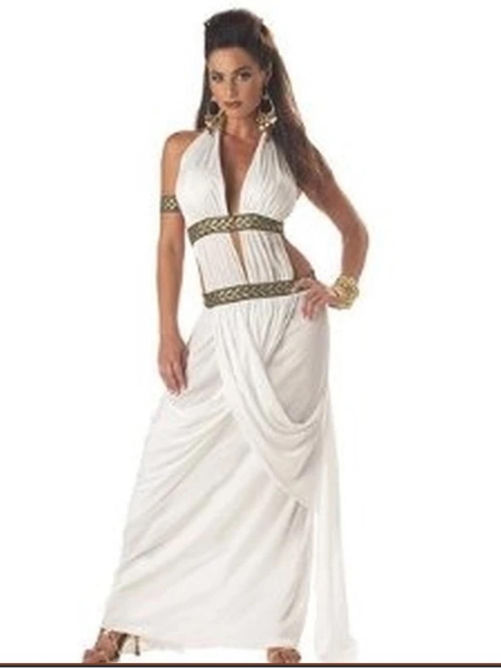 Greek Godess White Halter Maxi Dress with Gold Trim. Size M